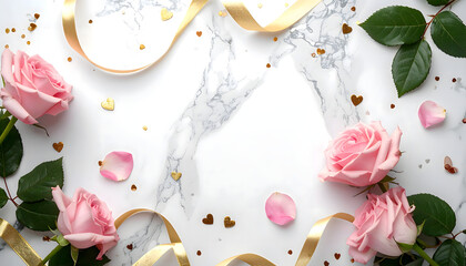 pink rose petals and hearts on the light marble background, happy valentines day celebration