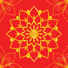 Golden Mandala on Crimson Canvas: A mesmerizing mandala design in radiant gold, set against a vibrant crimson backdrop, showcasing intricate patterns and spiritual harmony.
