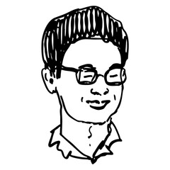 Portrait of a smiling Korean or Chinese man wearing glasses. Head of a happy asian guy. Hand drawn linear doodle rough sketch. Black and white silhouette.