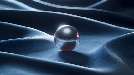 Single Pearl on Dark Blue Silk Fabric Keywords: pearl, oyster, jewelry, gemstone, luxury