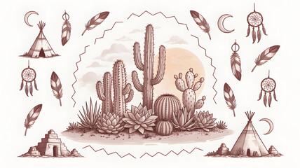 Southwestern Desert Boho Elements with Cacti and Teepees