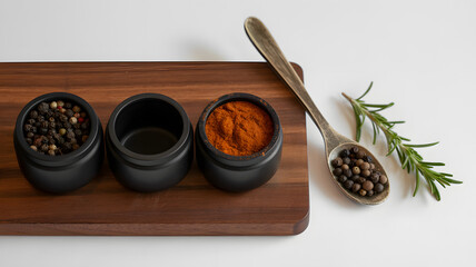Spices in black bowls with rosemary and spoon herbs