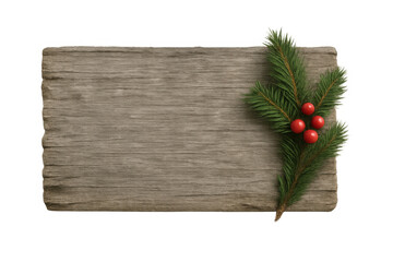 Wooden sign board with fir branches and red berries, creating a rustic christmas holiday decoration with copy space