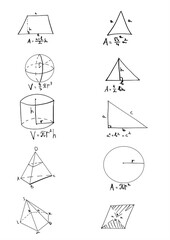 Minimal hand-drawn geometry illustration featuring cylinder volume, right triangle with Pythagorean theorem, circle area formula, pyramid diagram, and parallelogram. Ideal for math education, textbook