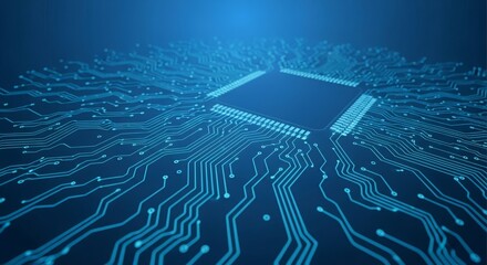 Closeup of a blue circuit board with a central processor unit