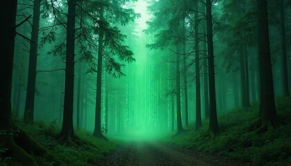 Fototapeta premium Dark forest trees stand along misty path. Bright green digital code glows, streams through fog. Image combines nature with modern tech, showing data flow within green ecosystem. Suggests future eco