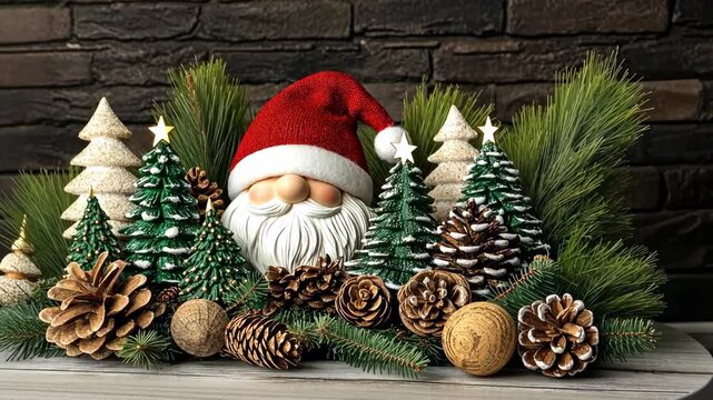 A cheerful holiday arrangement displays a festive figure surrounded by pinecones and lush evergreen trees on a cozy table setting