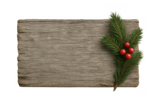 Wooden sign board with fir branches and red berries, creating a rustic christmas holiday decoration with copy space