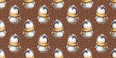 Cute cartoon penguins wearing scarves on a brown background with snowflakes in winter style design