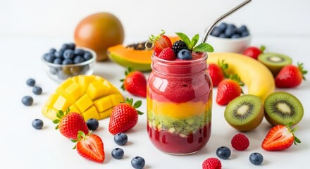 Colorful smoothie in a glass jar isolated on white background with fruits