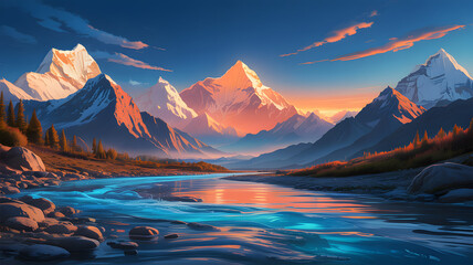 Vibrant sunset over a river flowing through a mountain valley