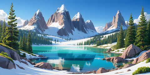 Vibrant Turquoise Lake Surrounded by Snow- Capped Mountains and Pine Forests