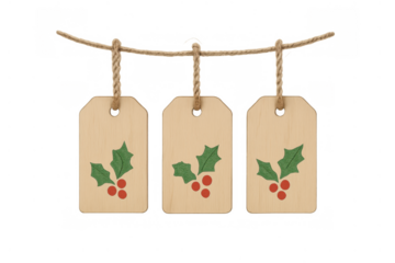 Hanging rustic wooden gift tags with holly leaves and red berries, perfect for christmas present labeling and holiday decoration. Transparent background
