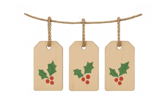 Hanging rustic wooden gift tags with holly leaves and red berries, perfect for christmas present labeling and holiday decoration. Transparent background