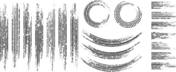 Tyre Trace Vector Grunge Set, Dirty Tires Marks and Circular Treads Collection © Rahib