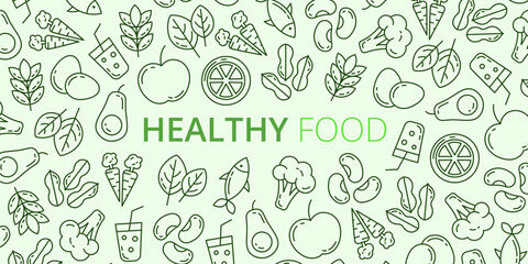 Green background with healthy food elements: fresh fruits, vegetables, and grains. Perfect for diet, nutrition, organic food, wellness concepts. Modern style illustration for banners, packaging.