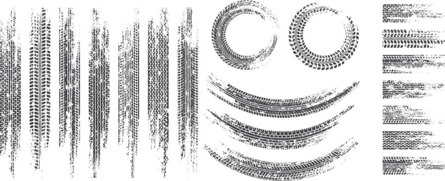 Tyre Trace Vector Grunge Set, Dirty Tires Marks and Circular Treads Collection