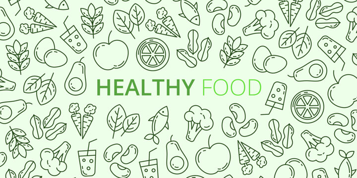 Green background with healthy food elements: fresh fruits, vegetables, and grains. Perfect for diet, nutrition, organic food, wellness concepts. Modern style illustration for banners, packaging.