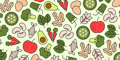 Colorful background with healthy food elements: fresh fruits, vegetables, and grains. Perfect for diet, nutrition, organic food, wellness concepts. Modern style illustration for banners, packaging.