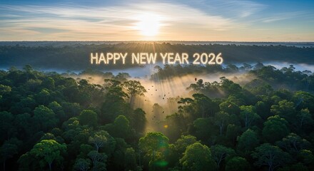 Happy New Year 2026 Aerial View of a Lush Forest Sunrise