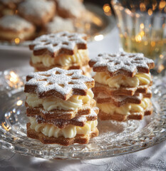 Weihnachtliche Sternplätzchen mit Vanillecreme auf Glasplatte im warmen Kerzenlicht