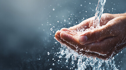Fototapeta premium Close up of clean hands gently rinsing under clear running water, showcasing hygiene and freshness, with droplets sparkling in the light, emphasizing cleanliness and care