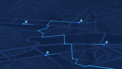 Glowing Blue Route Map with Location Markers. Vector illustration.