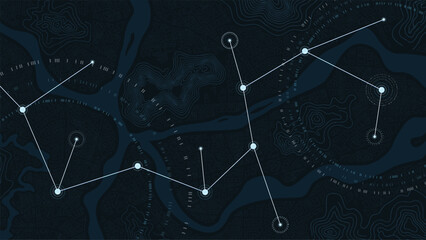 Connected urban network map with abstract city layout and linked nodes showing pathways. Vector illustration.