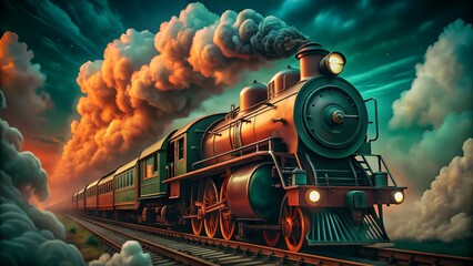 A vintage steam locomotive speeds through dramatic clouds. Concept of speed, power, energy, and travel.