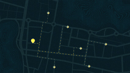 Dark mode city map interface with route tracking and glowing location pins. Vector illustration.