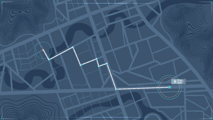 GPS Navigation Route on Digital City Map with Topographic Contour Lines and Location Markers. Vector illustration