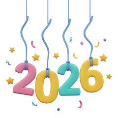 3d icon of colorful 2026 new year celebration with stars isolated on transparent background