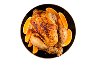Baked chicken with oranges whole grilled chicken christmas holiday dish new year natural product tasty snack fresh delicious gourmet food background on the table rustic top view copy space