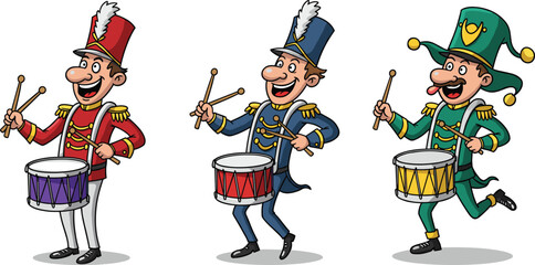 Funny cartoon drummers marching illustration, parade musicians characters, festive marching band art, colorful performance, joyful carnival celebration design