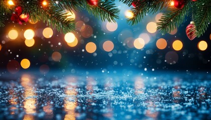 Christmas fir branches with glowing lights and ornaments over frosty, snow dusted ice, warm bokeh reflections create serene winter holiday backdrop with copy space marketplace product card background