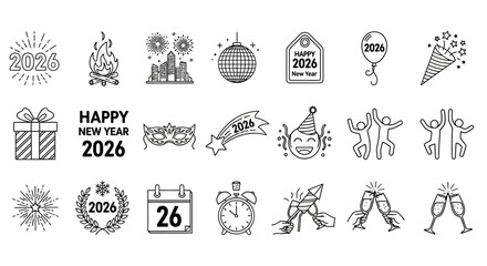 Obraz premium Sparkling Celebrations A Collection of Festive Icons for Happy New Year 2026