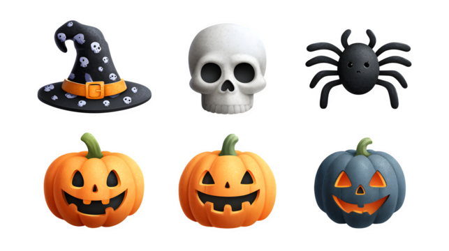 Adorable Halloween clipart set with witch hat, skull, spider, and pumpkin isolated on white background