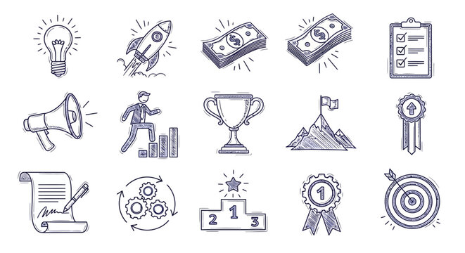 Sketchy Business Goals Startup Success Icons for Marketing and Financial Growth - Powered by Adobe