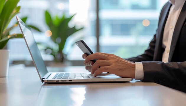 Businessman multitasking with smartphone and laptop in bright modern office