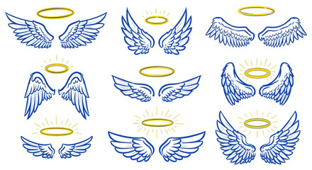Naklejka premium Diverse vector collection of celestial angel wings and radiant golden halos, perfect for spiritual, mystical, or heavenly graphic design elements, symbolizing grace, peace, and divine inspiration