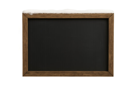 Blank chalkboard with wooden frame and snow for winter, festive, and holiday season messaging on transparent background