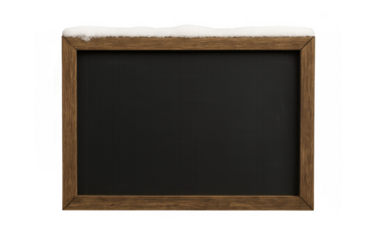 Blank chalkboard with wooden frame and snow for winter, festive, and holiday season messaging on transparent background