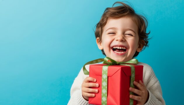 Happy child boy laughing with closed eyes, feeling excited about receiving christmas present, holding a wrapped gift box with a green ribbon and snowflake pattern kids sale copy space