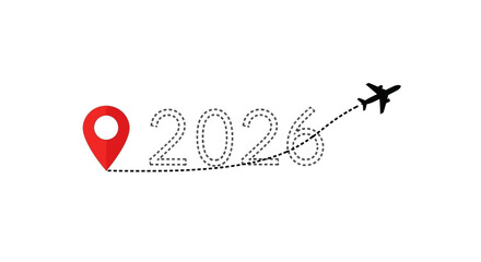 Symbolic journey to 2026 with an airplane flying a dashed route from a map pin, representing future travel plans and new year goals