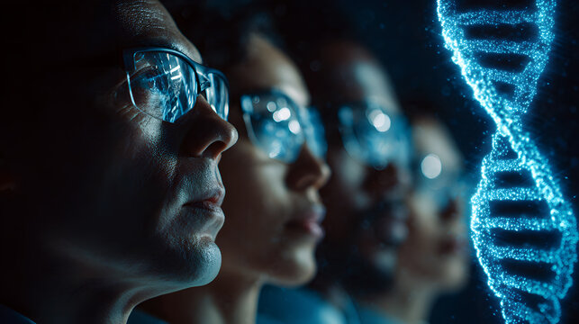 Diverse Team of Geneticists Observing a Glowing DNA Helix - Powered by Adobe