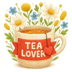 Ceramic mug labeled TEA LOVER with red ribbon and heart, nestled among colorful wildflowers and greenery
