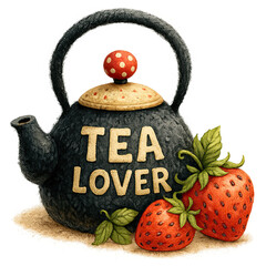 Black textured teapot labeled TEA LOVER with two strawberries beside it