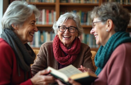 Three happy senior women gather in library. Enjoy lively book club discussion, laughing, sharing stories. Friends read novel, engaging in pleasant conversation at bookshelves. Elderly ladies