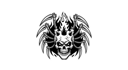 A detailed illustration of a skull surrounded by flames and scythes, a dark theme.
