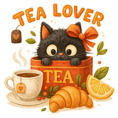 Cute black kitten peeks from tea tin beside cup and pastry